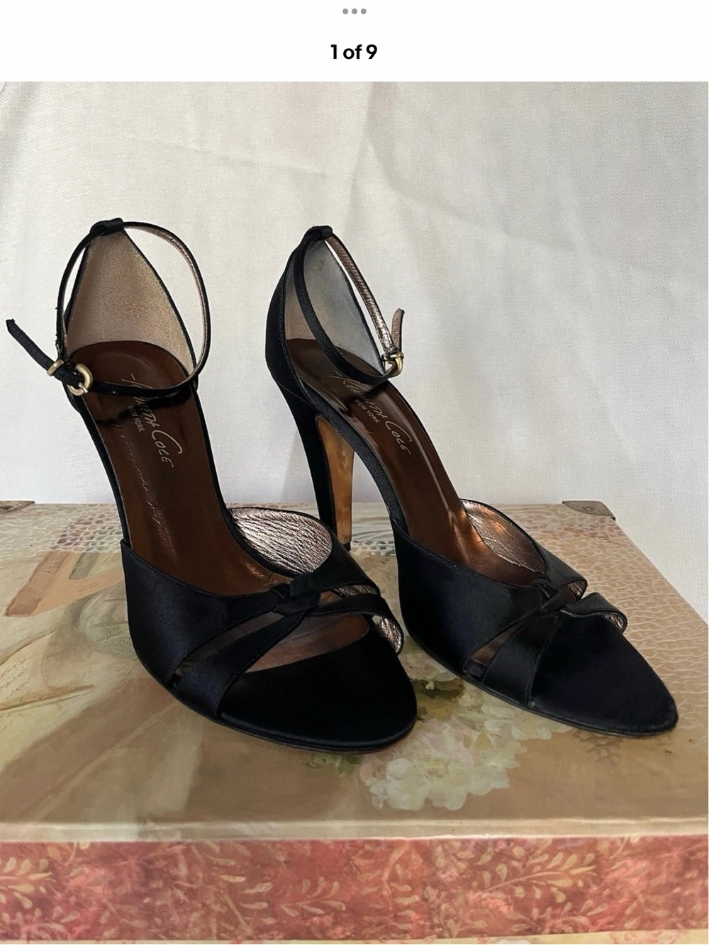 Vintage Kenneth Cole Black Satin Ankle-Strap 4 inch Heels Sz 9.5